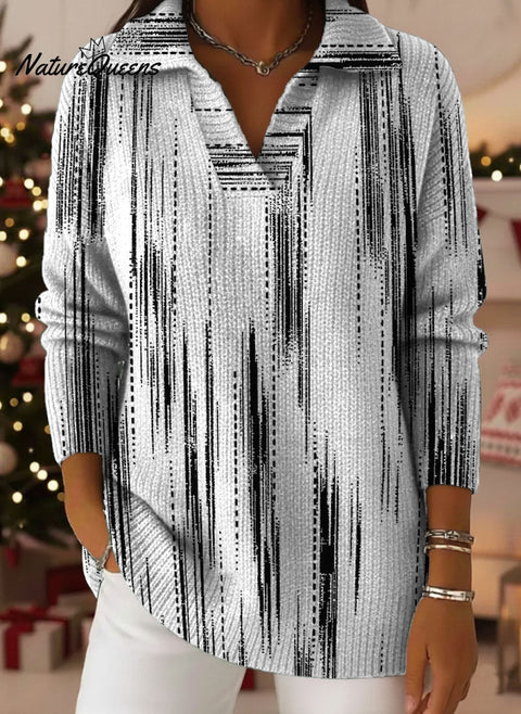 Women's Mottled Vertical Short Line Decorative Pattern Casual Shirt Collar Long Sleeve Sweater