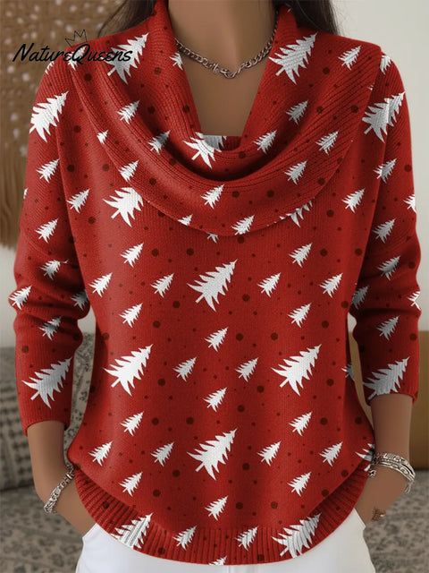 Women's Red Christmas Tree Print Cowl Neck Sweater