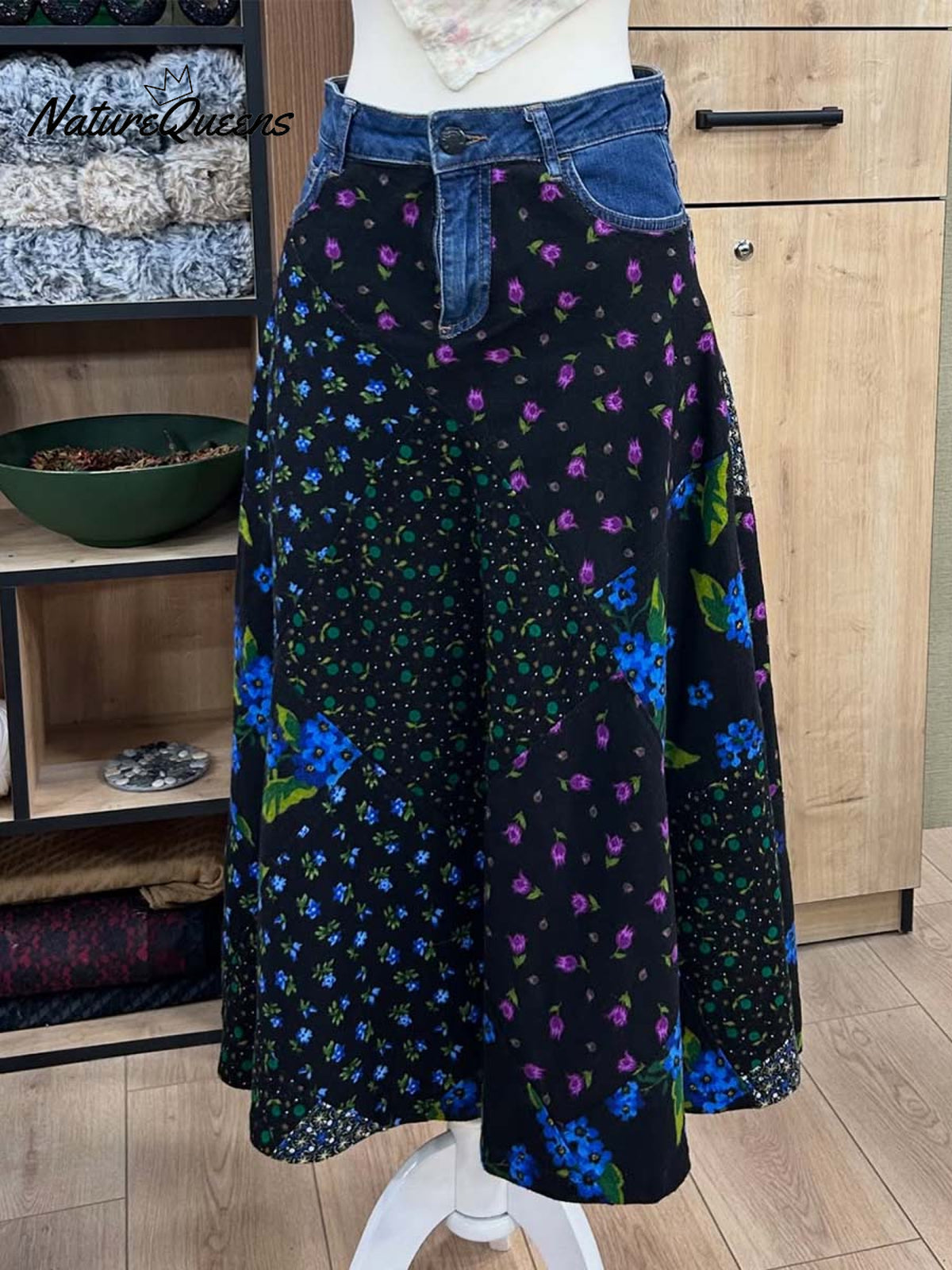 Women's High-waisted Loose-fitting Denim Patchwork Printed Skirt