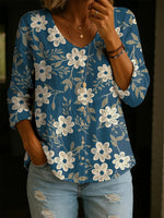Women's Blue Floral Art Print Casual Cotton Shirt