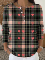 Women's Retro Plaid Heart Art Print Valentine's Day Casual Sweater