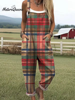 Women's Vintage Plaid Art Print Casual 100% Cotton Wide Leg Jumpsuit