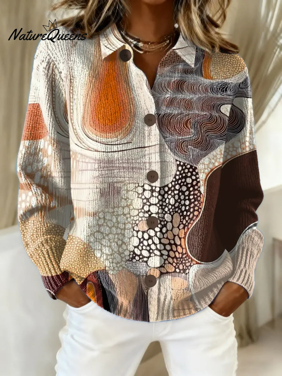 Women's Abstract Pattern Art Print Casual Cotton Knitted Sweater
