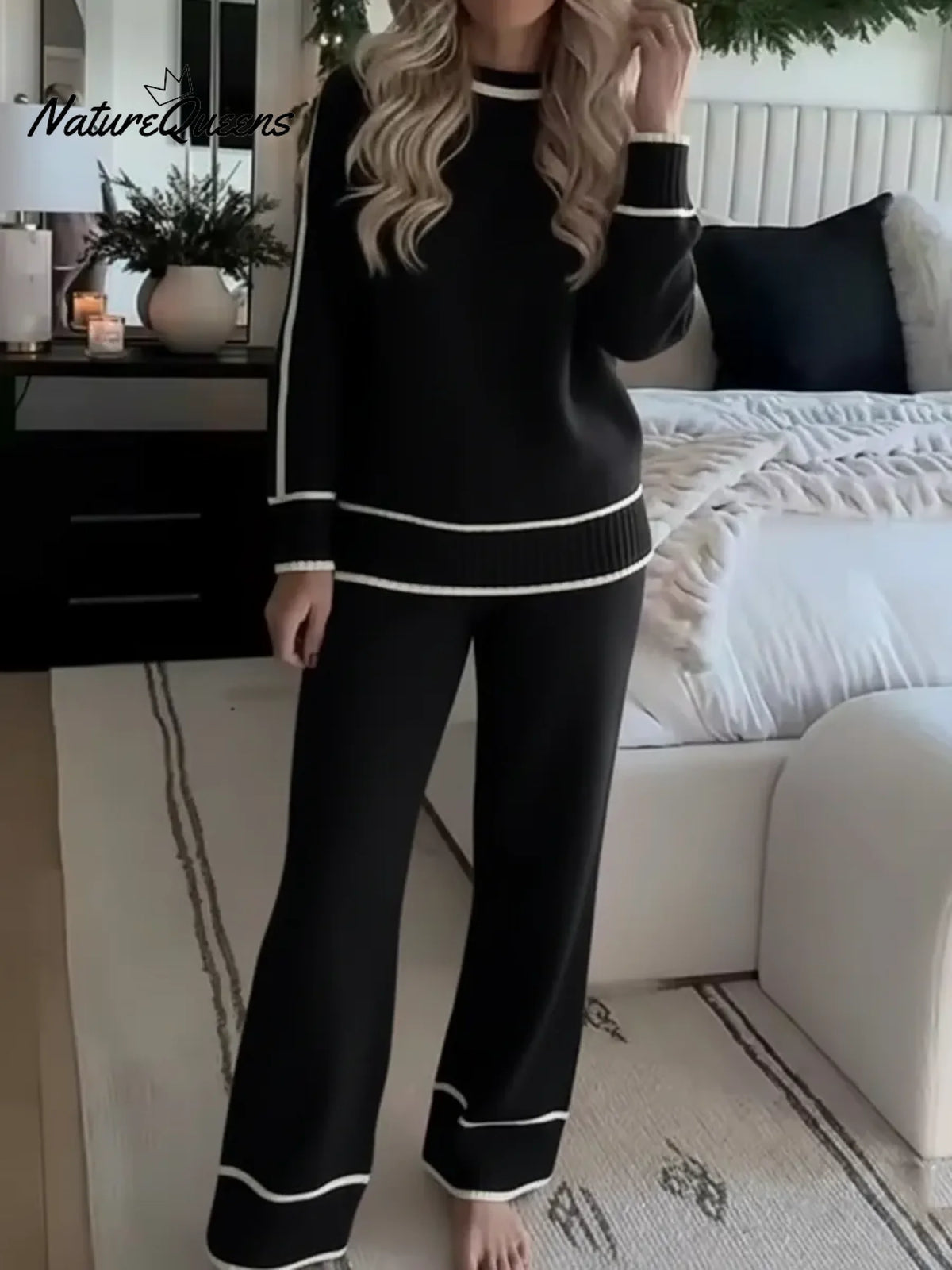 Cozy Color-blocked Trim Sweater And Pants Two-piece Set