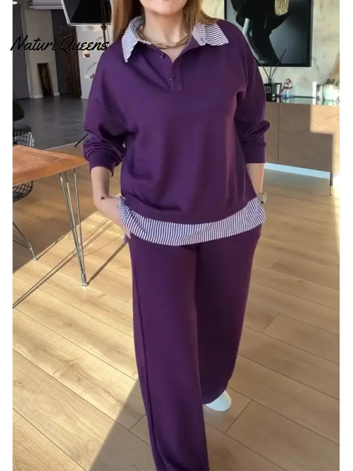 Women's Casual Striped Patchwork Cotton Sweatshirt And Pants Two-piece Set