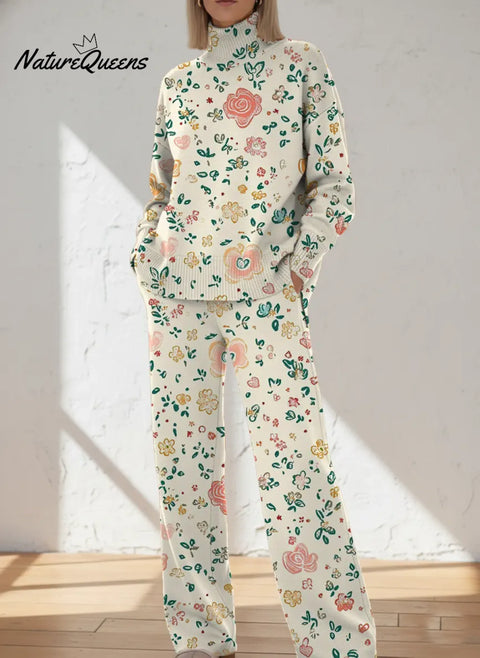 Women's Retro Flower Art Print Casual Knit Set