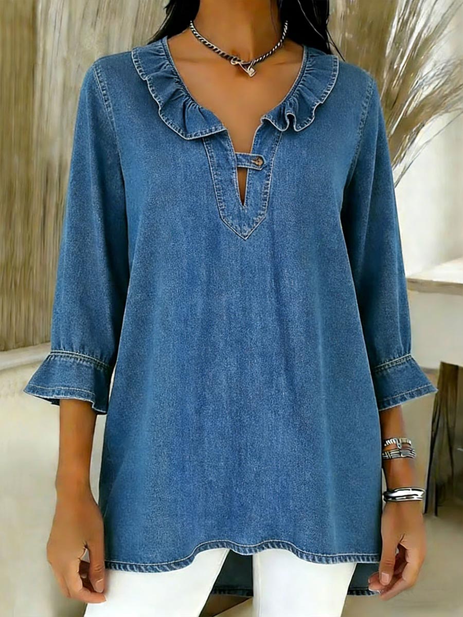Women's V-neck 3/4 Sleeve Casual Loose Denim Top