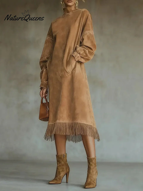 Women's Solid Color High-neck Long-sleeved Casual Loose Dress