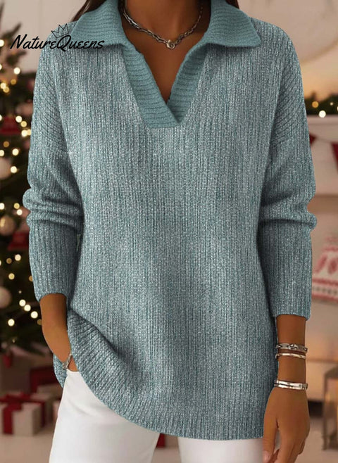 Vertical Mottled Stripe Decorative Pattern Women's Casual Shirt Collar Long Sleeve Sweater