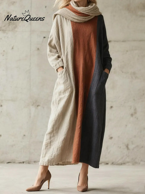 Women's Color-blocked V-neck Cotton Linen Dress