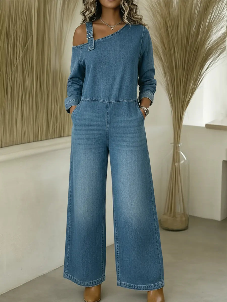 Women's Fashionable Off-the-shoulder Denim Jumpsuit
