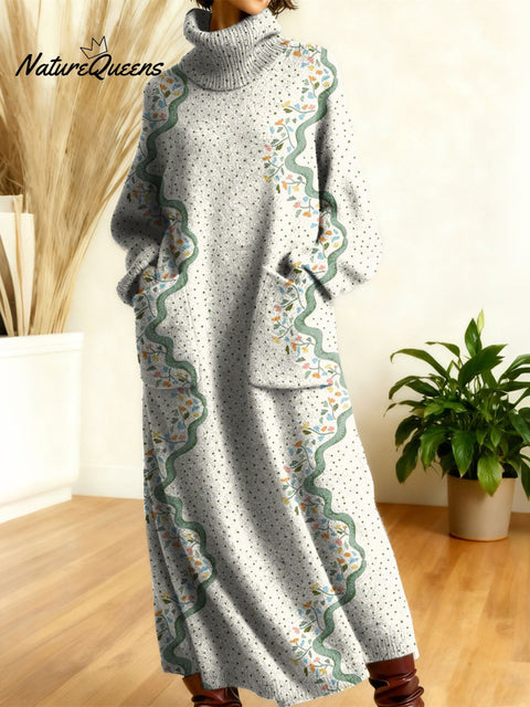 Women's Retro Floral Flowers High-neck Long-sleeve Casual Loose Knit Dress