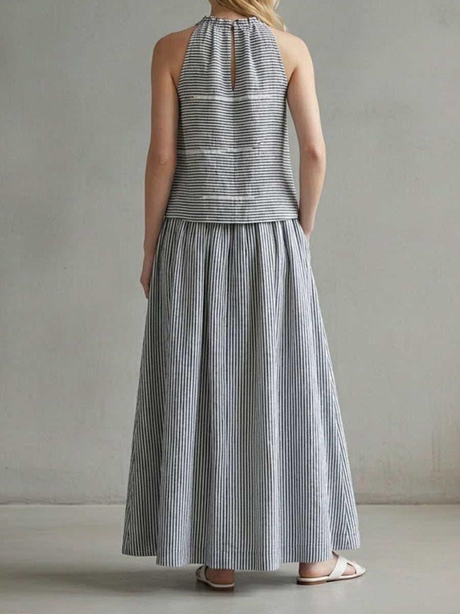 Stylish Sleeveless Linen And Cotton Striped Top And Skirt Two-piece Set