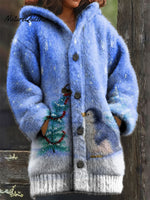 Women's Christmas Cute Animals Penguin Snowflakes Pattern Art Print Casual Plush Warm Coat