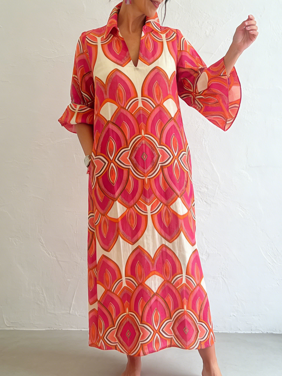 Retro Stand-up Collar Floral Print Loose Linen Cotton Dress