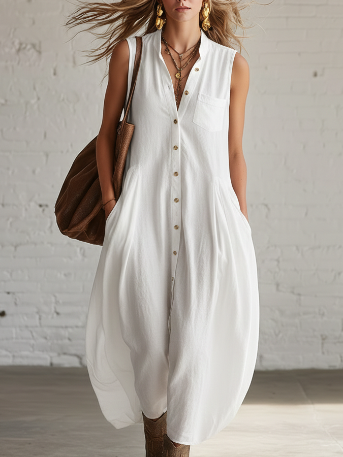 Casual Cozy Button-up Cotton Dress