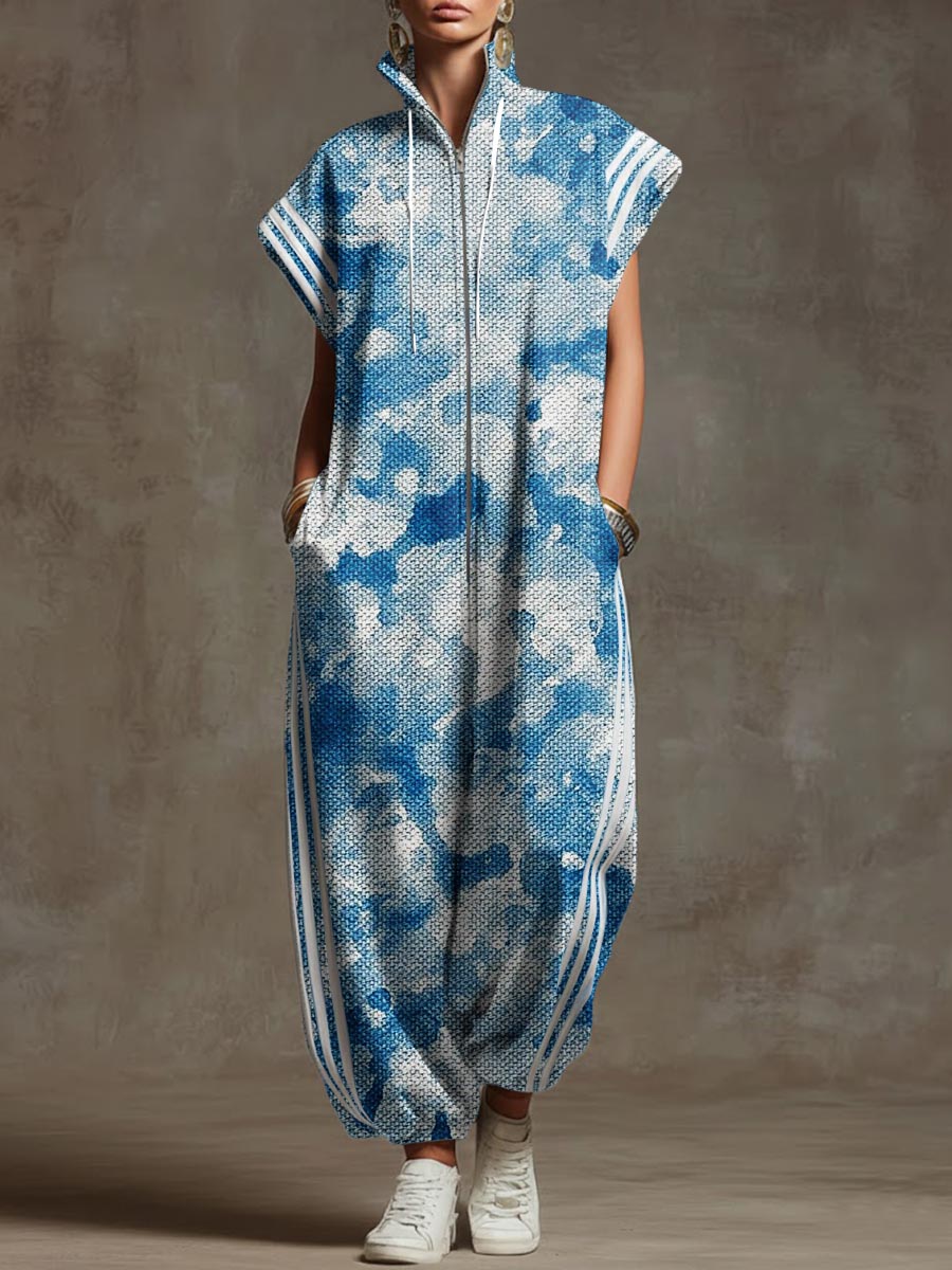 Women's Camouflage Print Stand-collar Short-sleeved Casual Loose Cotton Jumpsuit