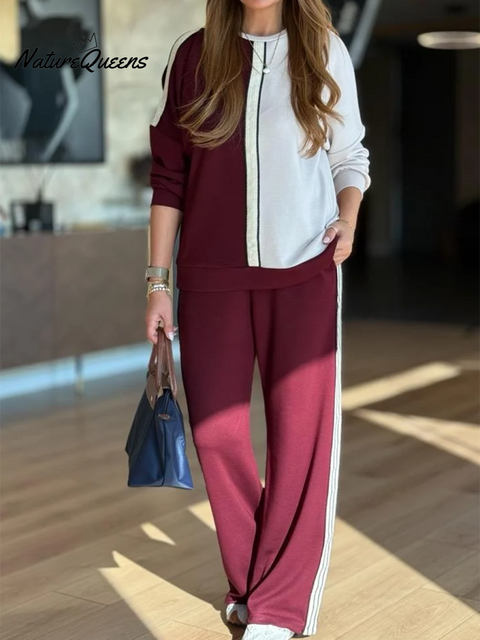 Casual Travel Colorblock Sweatshirt And Pants Two-piece Set