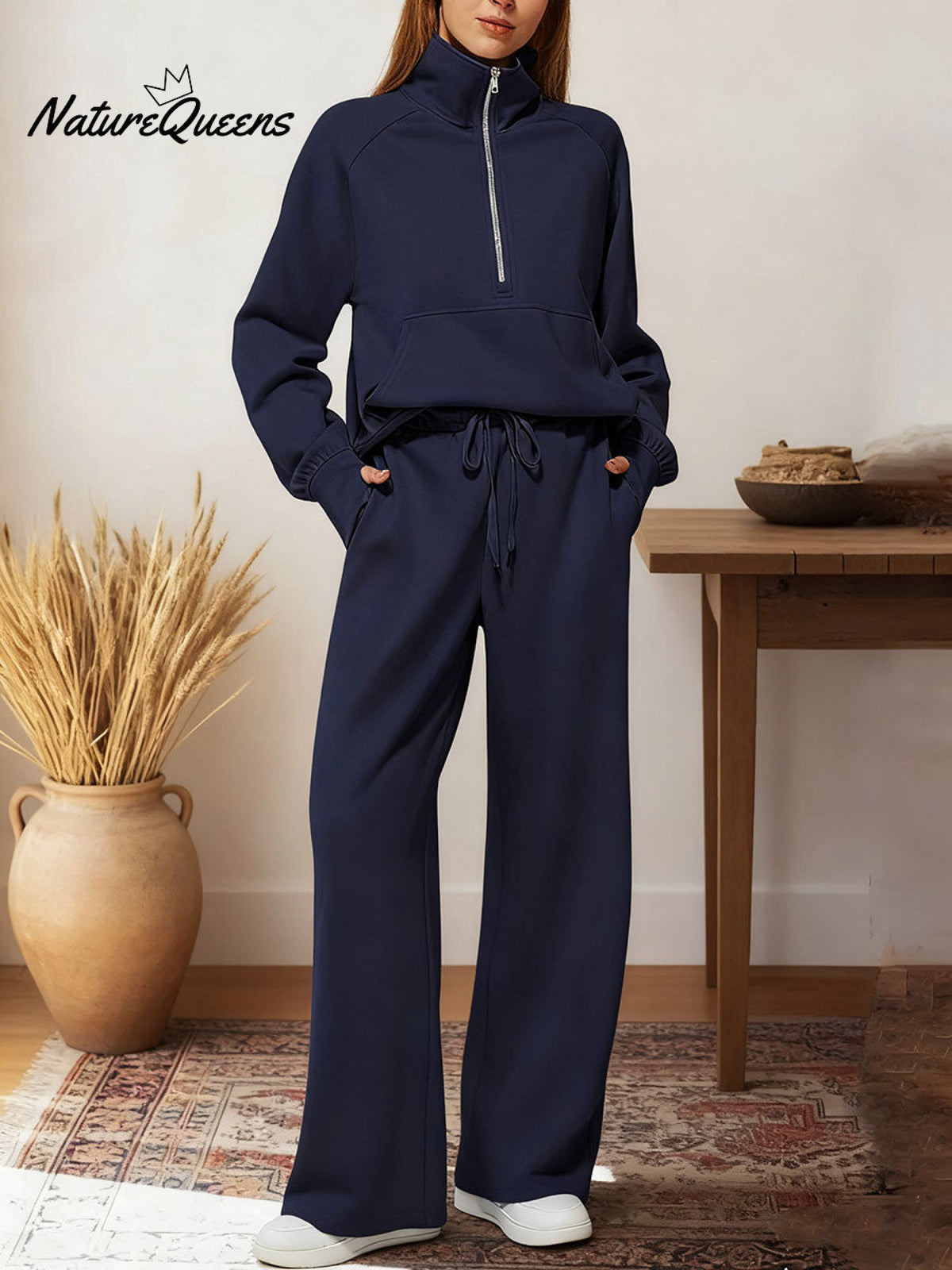 Women's Two-piece Set Half-zip Sweatshirt Wide-leg Pants Casual Suit.