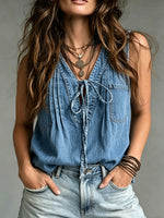 Women's Lace-up Casual Patchwork Denim Top