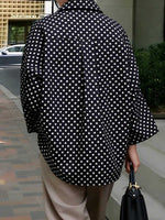 Women's Shirt-collar Long-sleeve Loose-fit Casual Top With Polka Dot Print