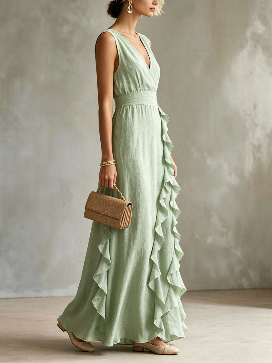 Women's Solid-color Pleated V-neck Dress