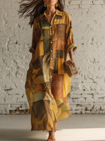 Cozy Vintage Art Print Loose-fitting Shirt Dress