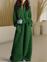 Women's Solid Color Cardigan Collar Long-sleeve Casual Loose Knit Top And High-waisted Casual Loose A-line Skirt Knit Set