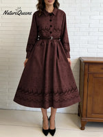 Women's Retro-style Print Shirt Collar Long Sleeve Casual Loose Cotton Dress
