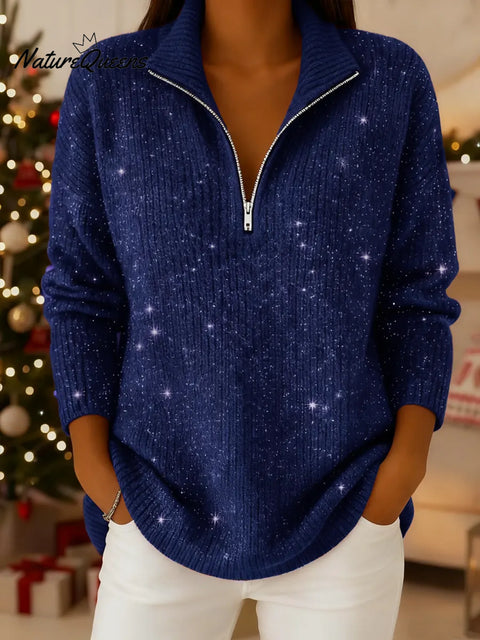 Women's Solid Color High Neck Casual Loose Sequined Knit Sweater