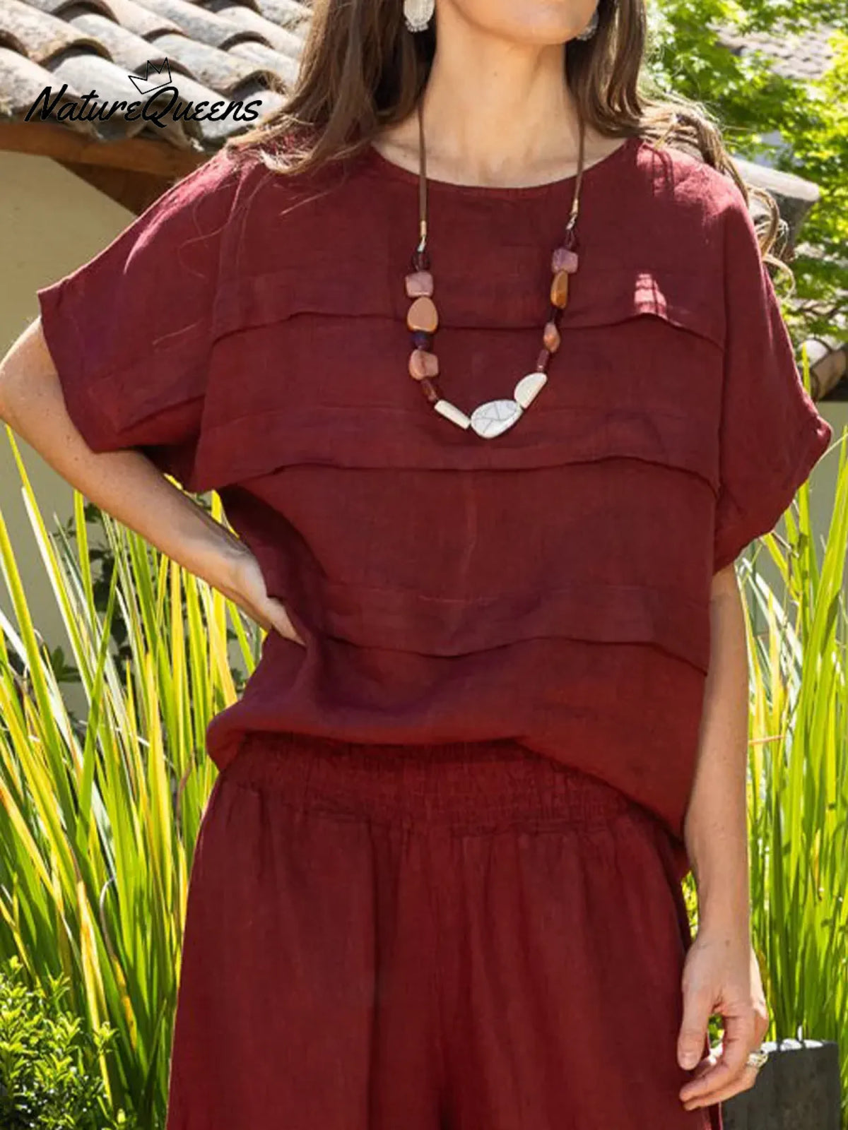 Women's Solid Color Round Neck Short-sleeved Casual Loose Pleated Cotton And Linen Top