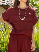 Women's Solid Color Round Neck Short-sleeved Casual Loose Pleated Cotton And Linen Top