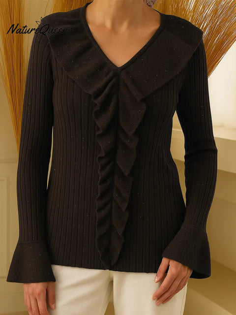 Women's solid color V-neck ruffled long-sleeved casual loose sequined top