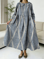 Geometric Lines Diamond-shaped Decorative Patterns Women's Casual Peter Pan Collar Long Sleeve Dress