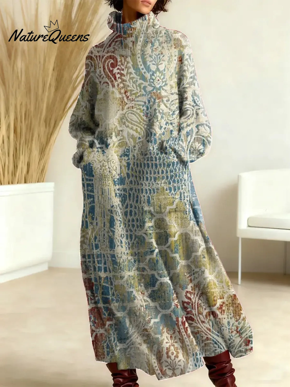 Women's Vintage Pattern Art Print Casual Cotton Knitted Dress