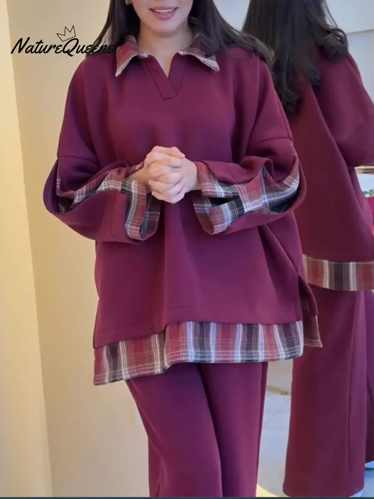 Women's Plaid Patchwork Cotton Sweatshirt And Pants Two-piece Set