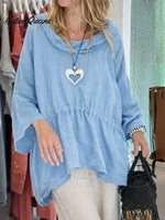 Women's Solid Color Round Neck Long-sleeved Casual Loose Cotton And Linen Top