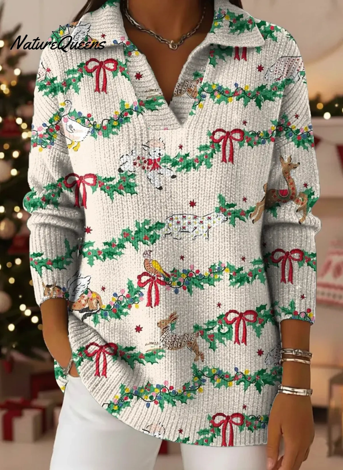 Vintage Christmas Tree Print Lapel Casual Knit Sweater