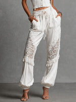 Lace-trimmed Ribbed Cropped Hoodie + Lace-paneled Joggers Set