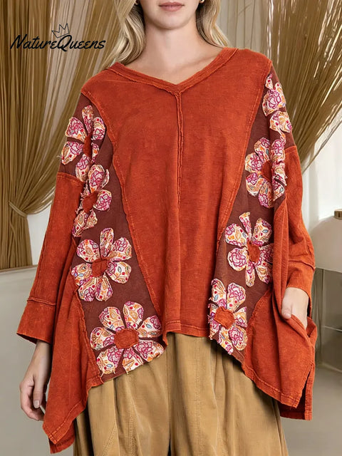 Women's Color-blocked Print V-neck Long-sleeve Casual Loose Cotton Top