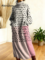 Women's Retro Abstract Geometric Colorful Splicing Patterns Art High-neck Long-sleeve Casual Loose Knit Dress