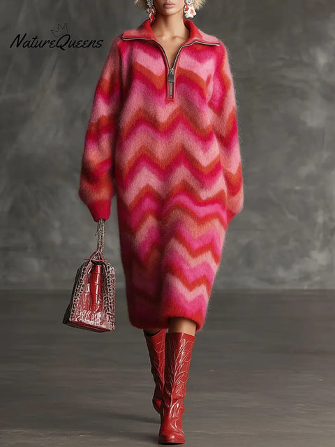 Women's Geometric Print Cardigan Collar Long-sleeved Casual Loose Knit Dress