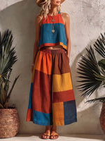 Conjunto de mujer de algodón y lino con estampado geométrico: top holgado sin mangas de cuello redondo y pantalón ancho de talle alto.