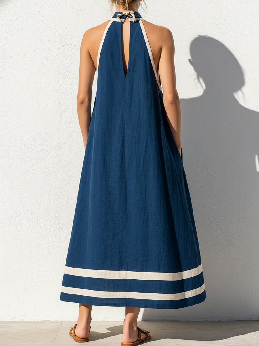 Cotton-linen Color-block Halter Midi Dress