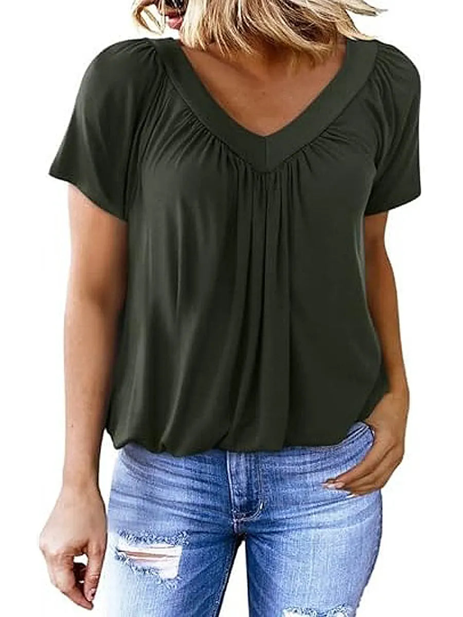 Women's Solid Color V-Neck Casual Cotton T-shirt