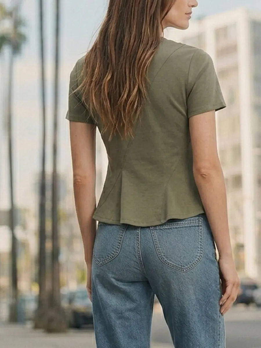 Women Olive Green Panel Seam Fitted Peplum Crew Neck Basic Tee