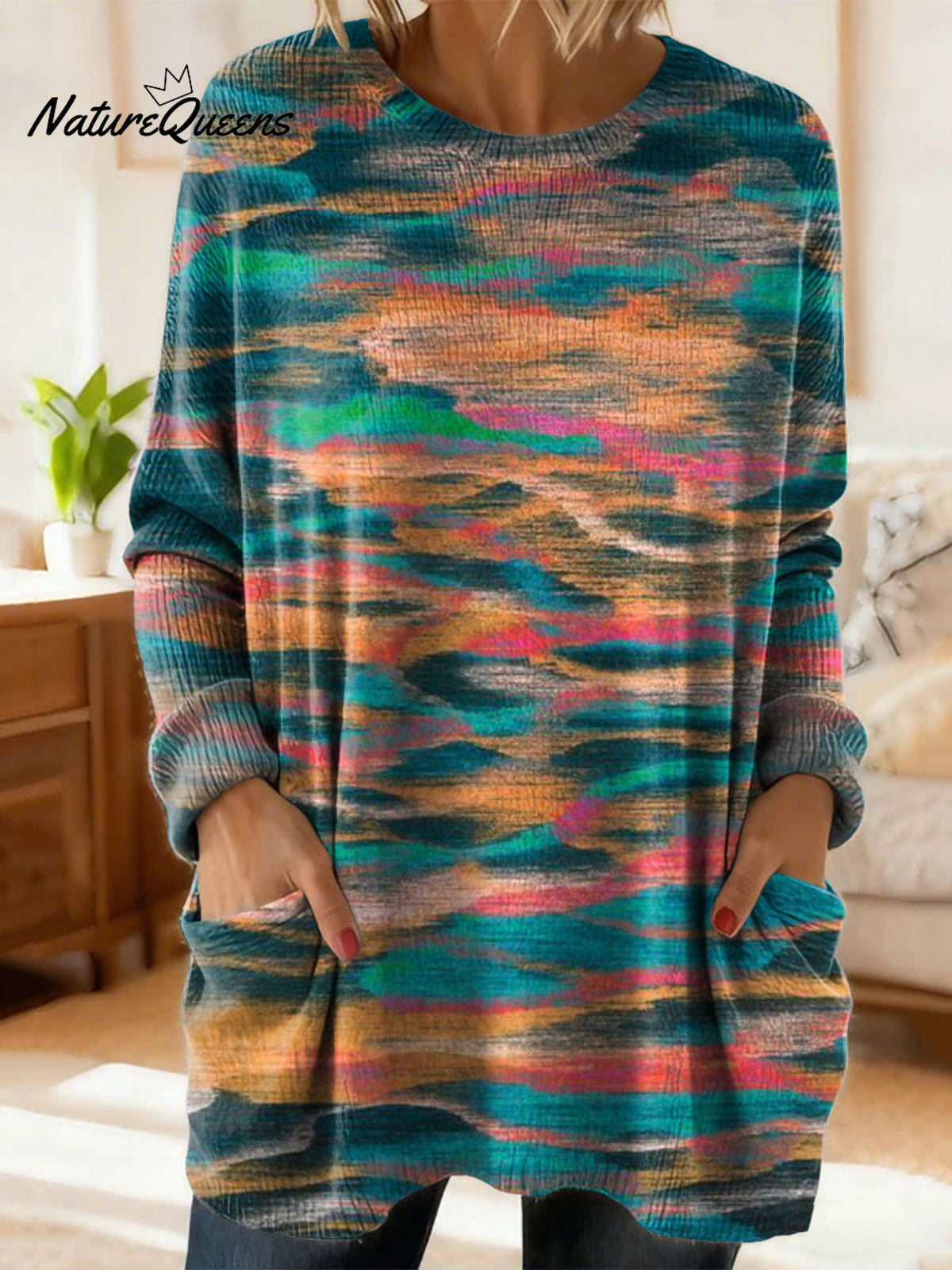 Women's Retro Abstract Pattern Art Print Casual Cotton Knitted Sweater