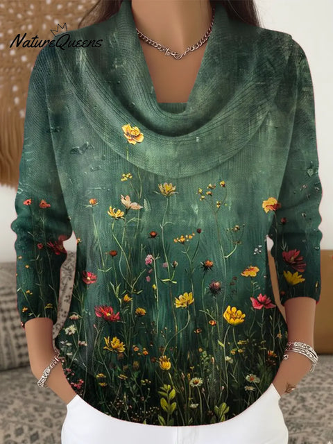 Women's Floral Pattern Art Print Casual Cowl Neck Sweater