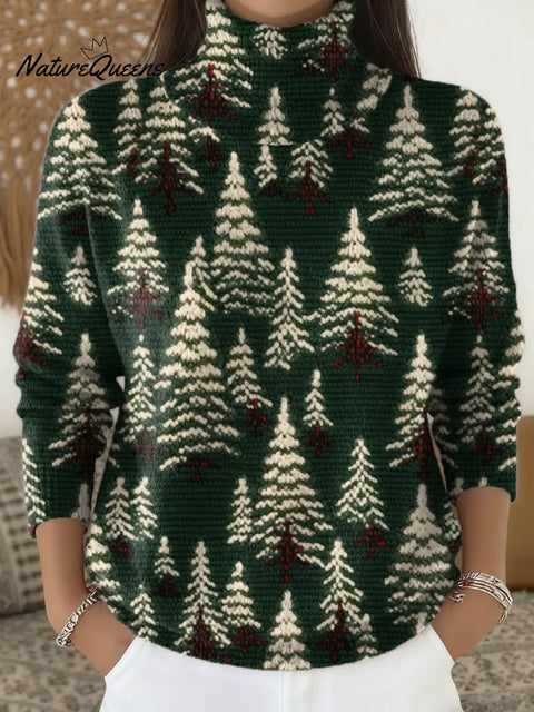 Women's Christmas Tree Pattern Art Print Casual Turtleneck Pullover Sweater