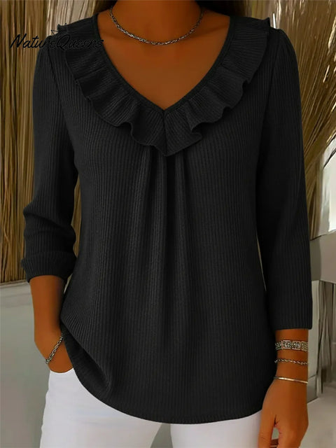 Elegant Ruffled V-Neck Solid Color Sweater Top